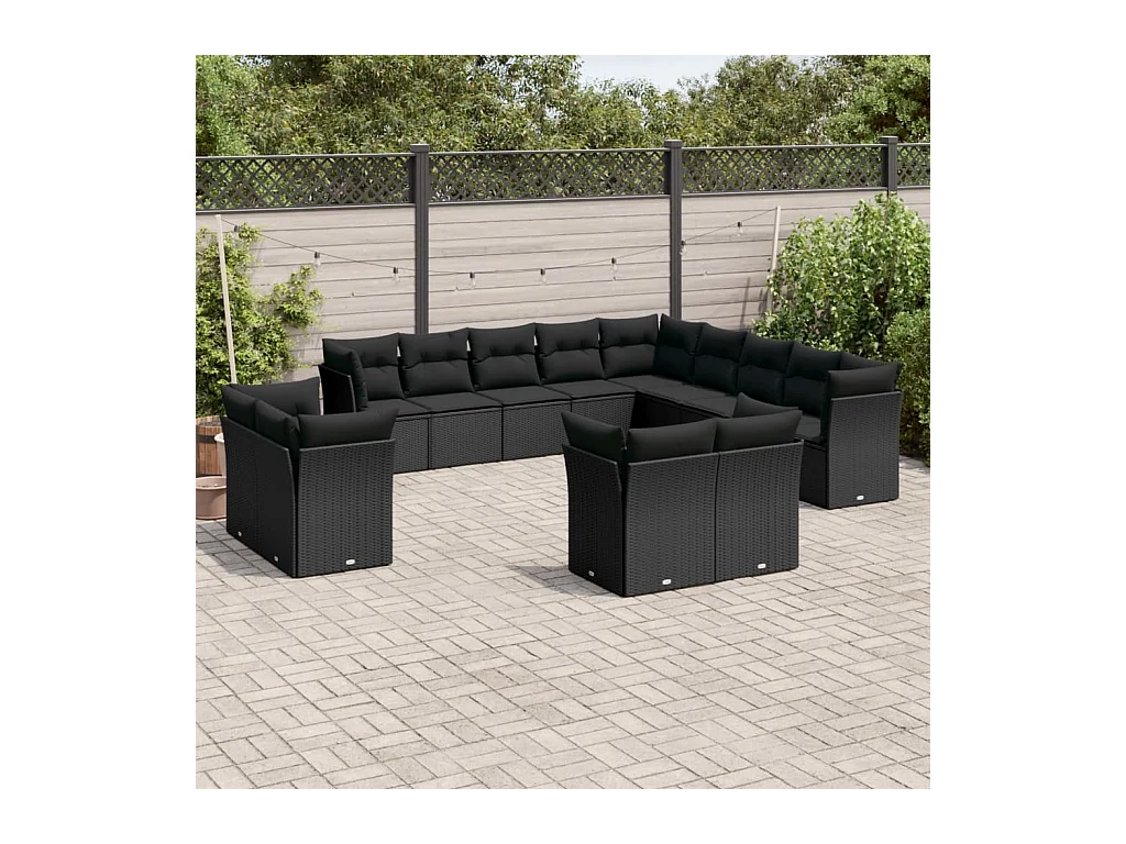 Salon de jardin avec coussins 13 pcs noir résine tressée