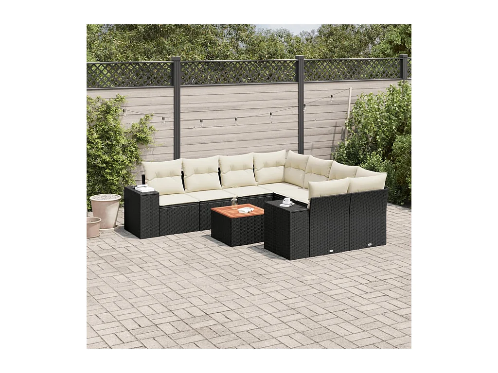 Salon de jardin 9 pcs avec coussins noir résine tressée