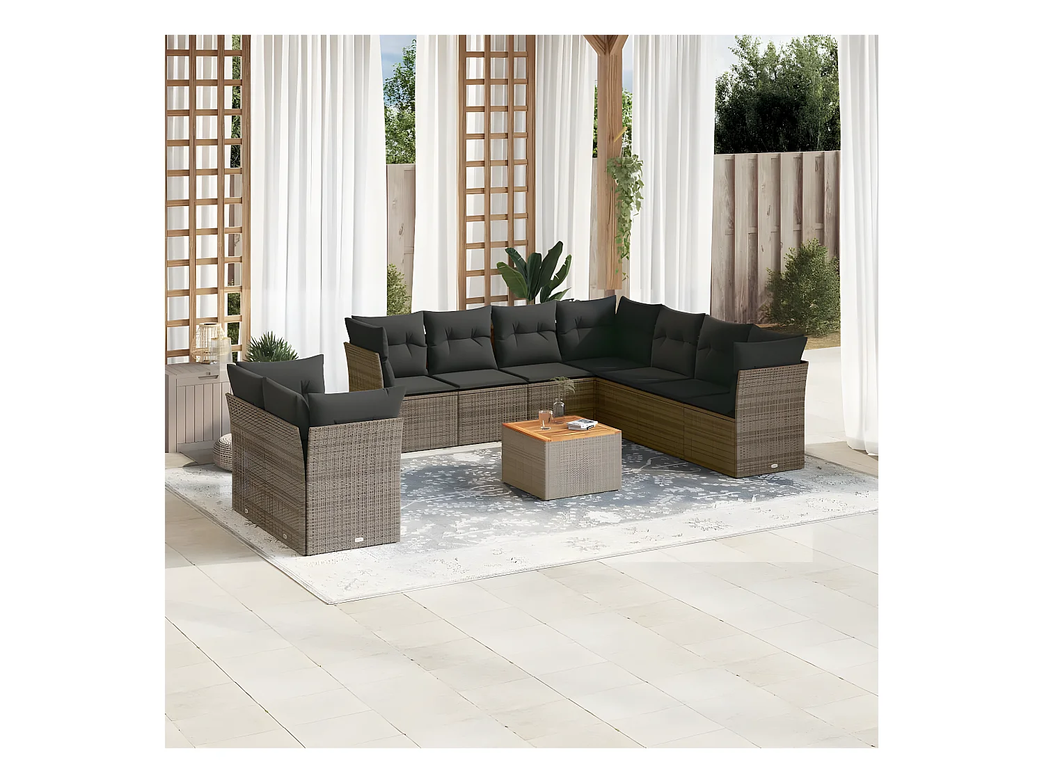 10-delige Loungeset met kussens poly rattan grijs