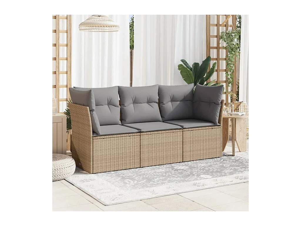 Set Divano da Giardino 3 pz con Cuscini Beige in Polyrattan