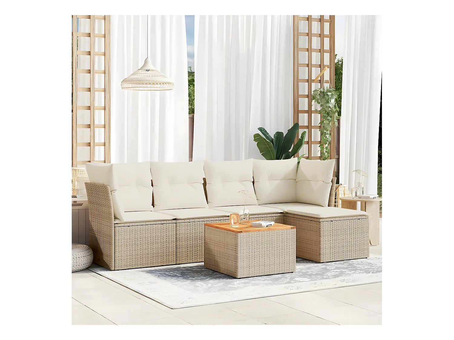 Salon de jardin avec coussins 6 pcs beige résine tressée