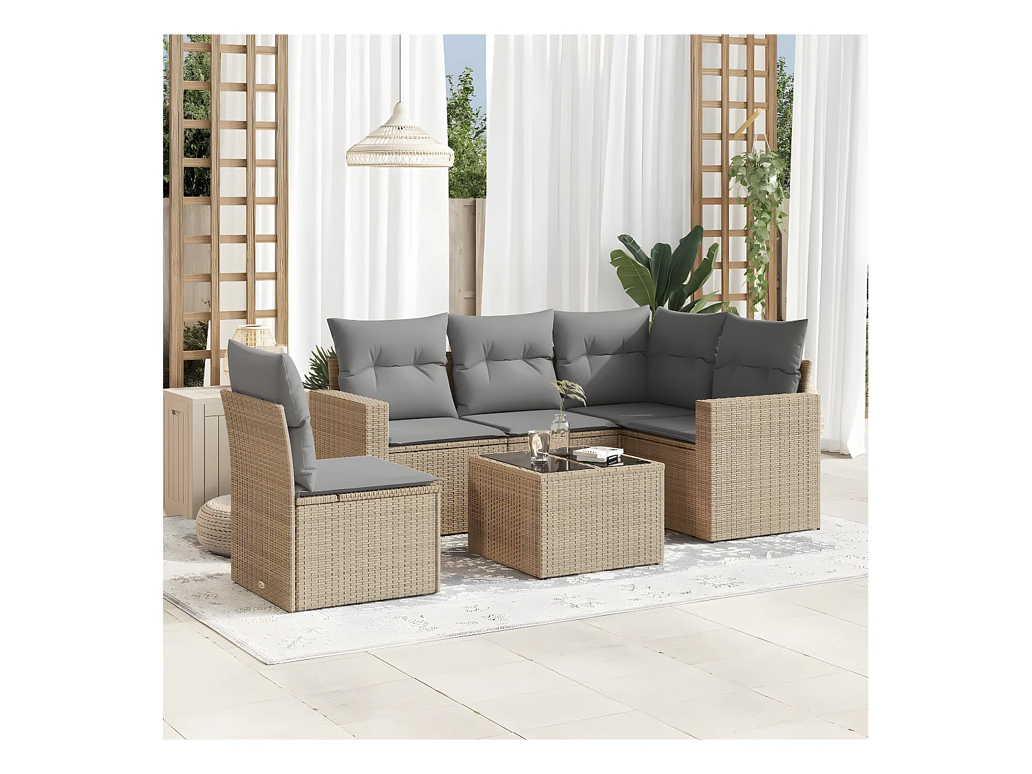 Salon de jardin avec coussins 6 pcs beige résine tressée