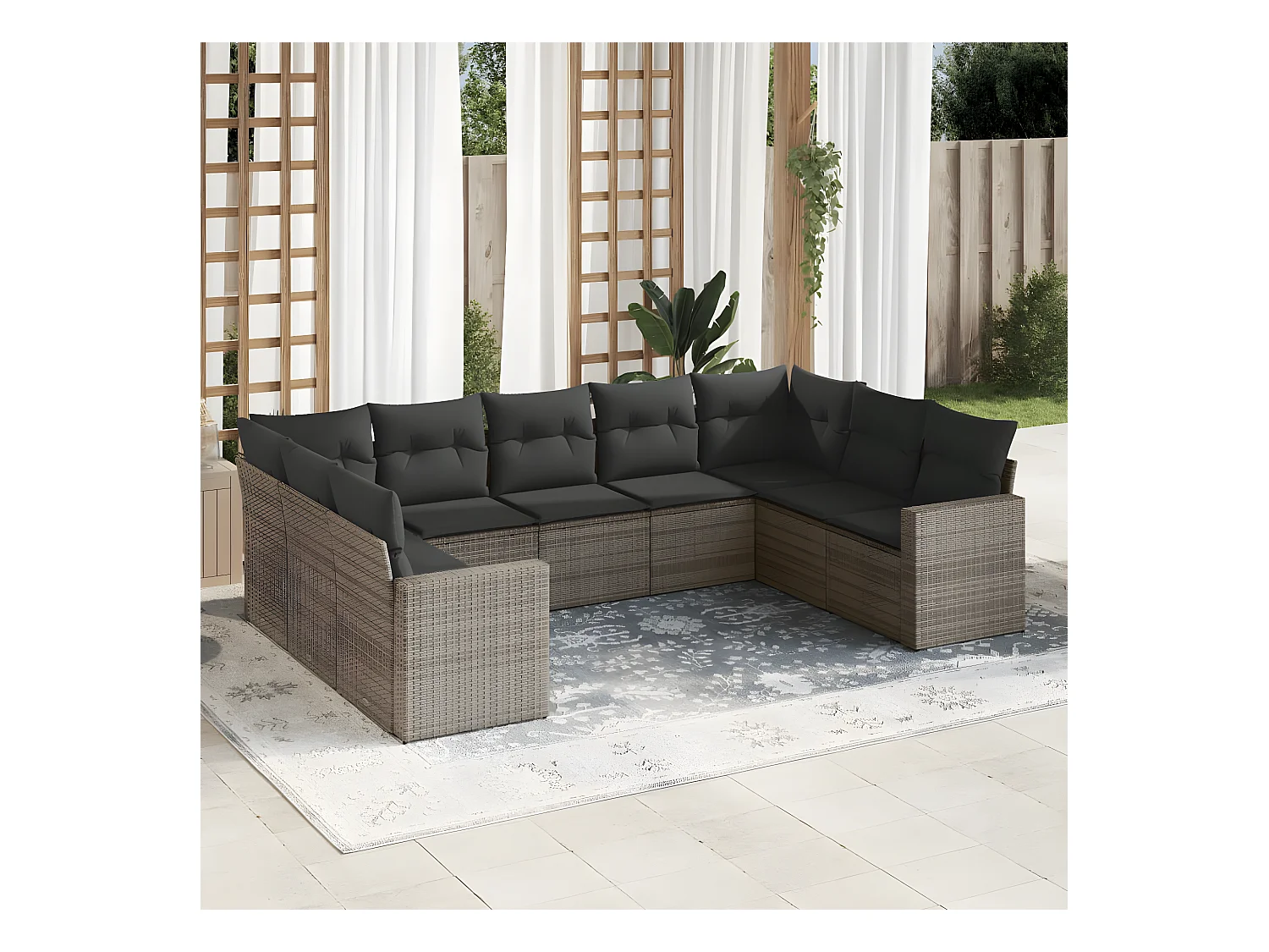Set Divano da Giardino 9 pz con Cuscini Grigio in Polyrattan