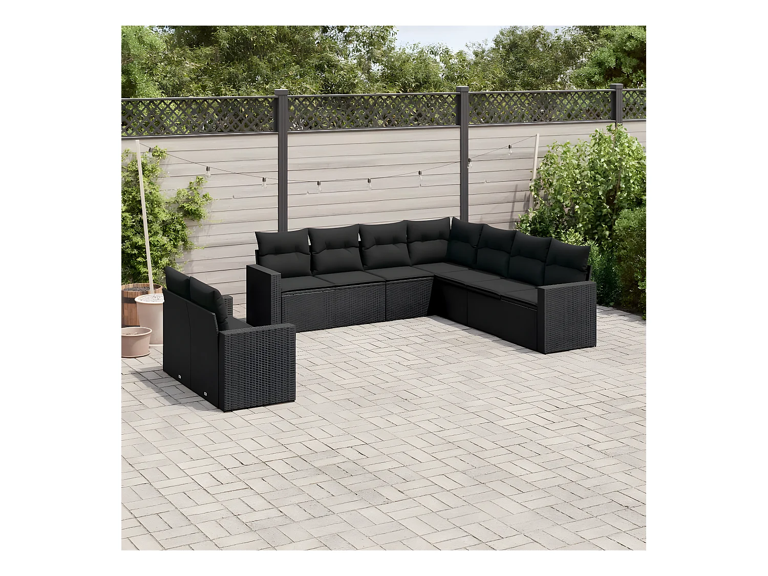 9-delige Loungeset met kussens poly rattan zwart