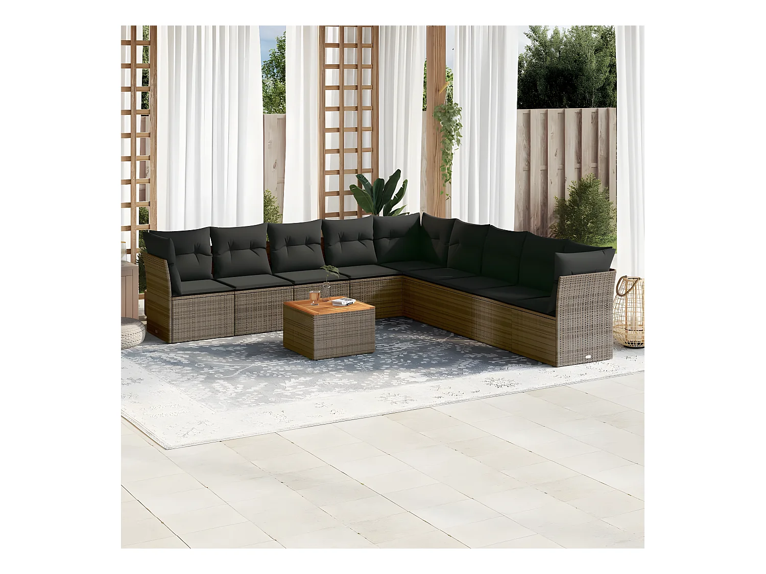 10-delige Loungeset met kussens poly rattan grijs