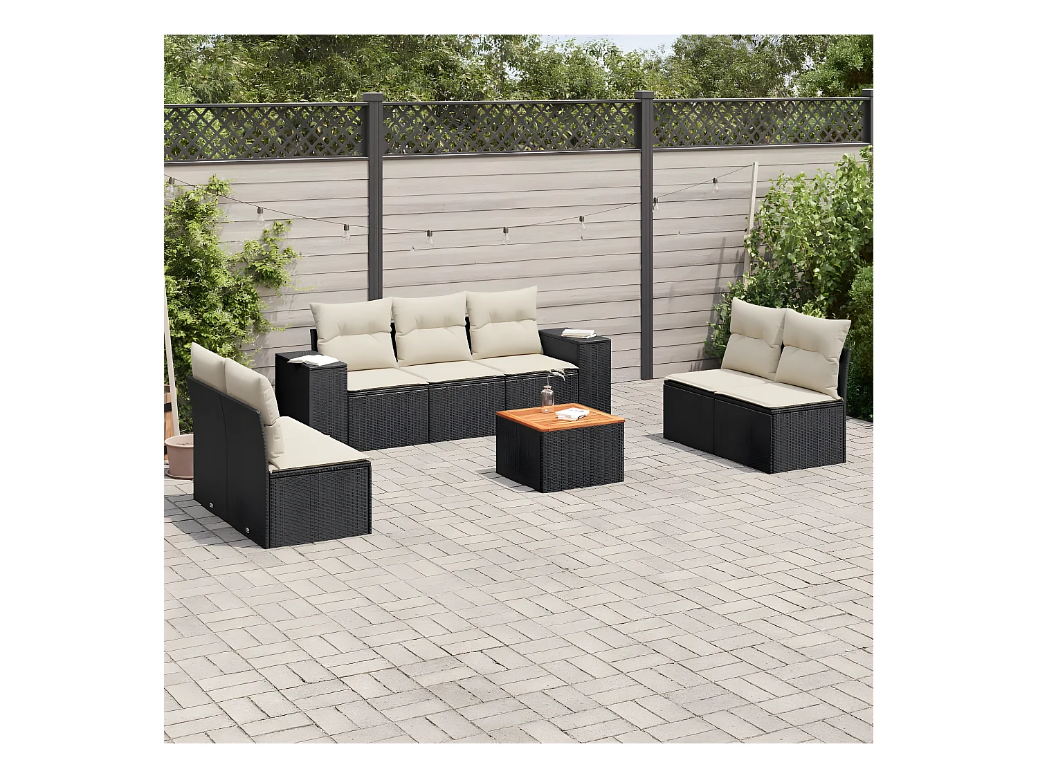 Salon de jardin 8 pcs avec coussins noir résine tressée