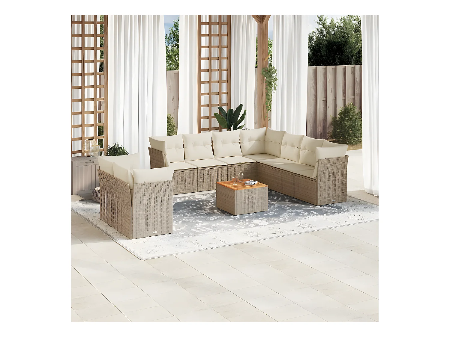 Salon de jardin avec coussins 10 pcs beige résine tressée