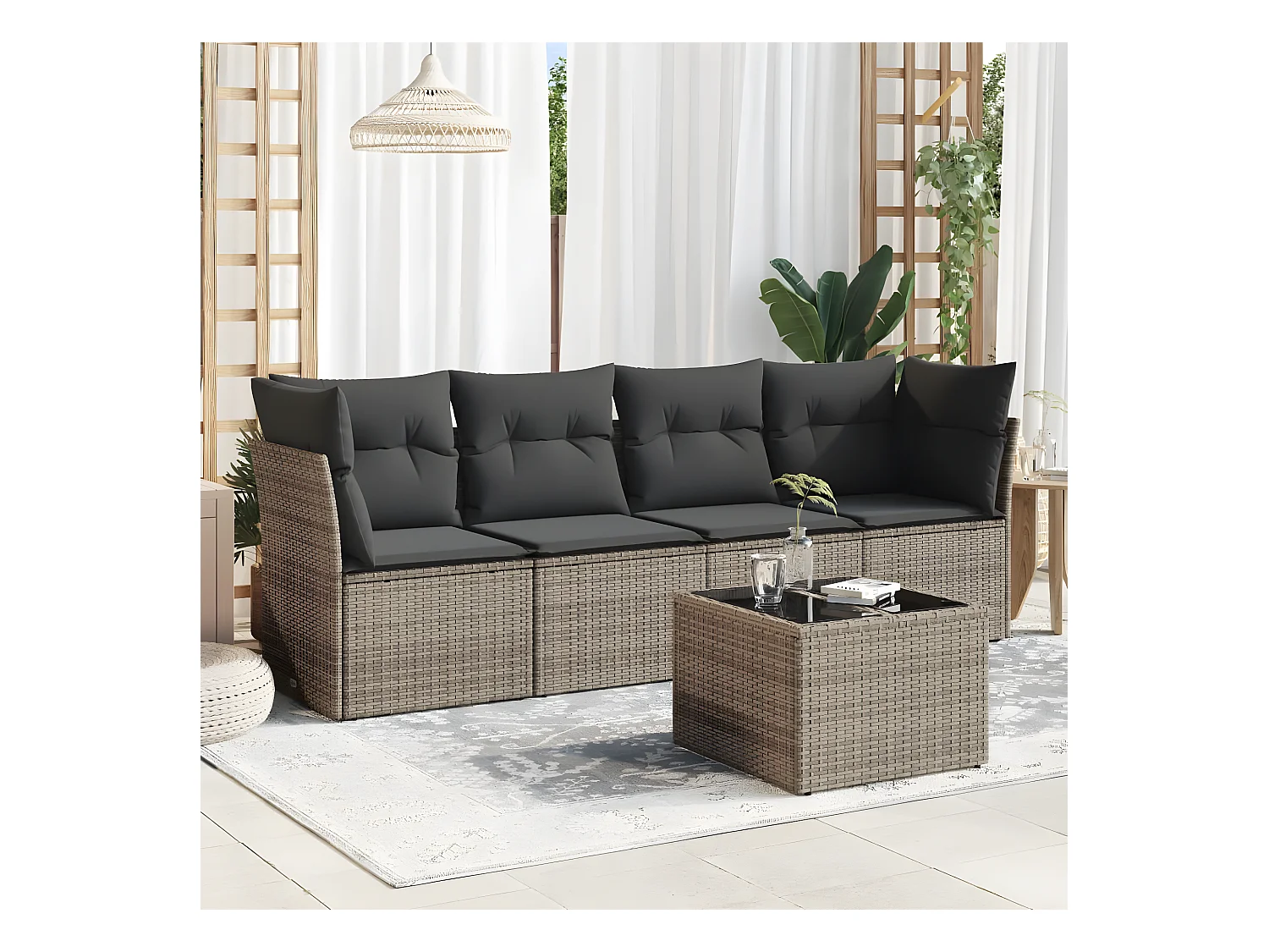 5-delige Loungeset met kussens poly rattan grijs