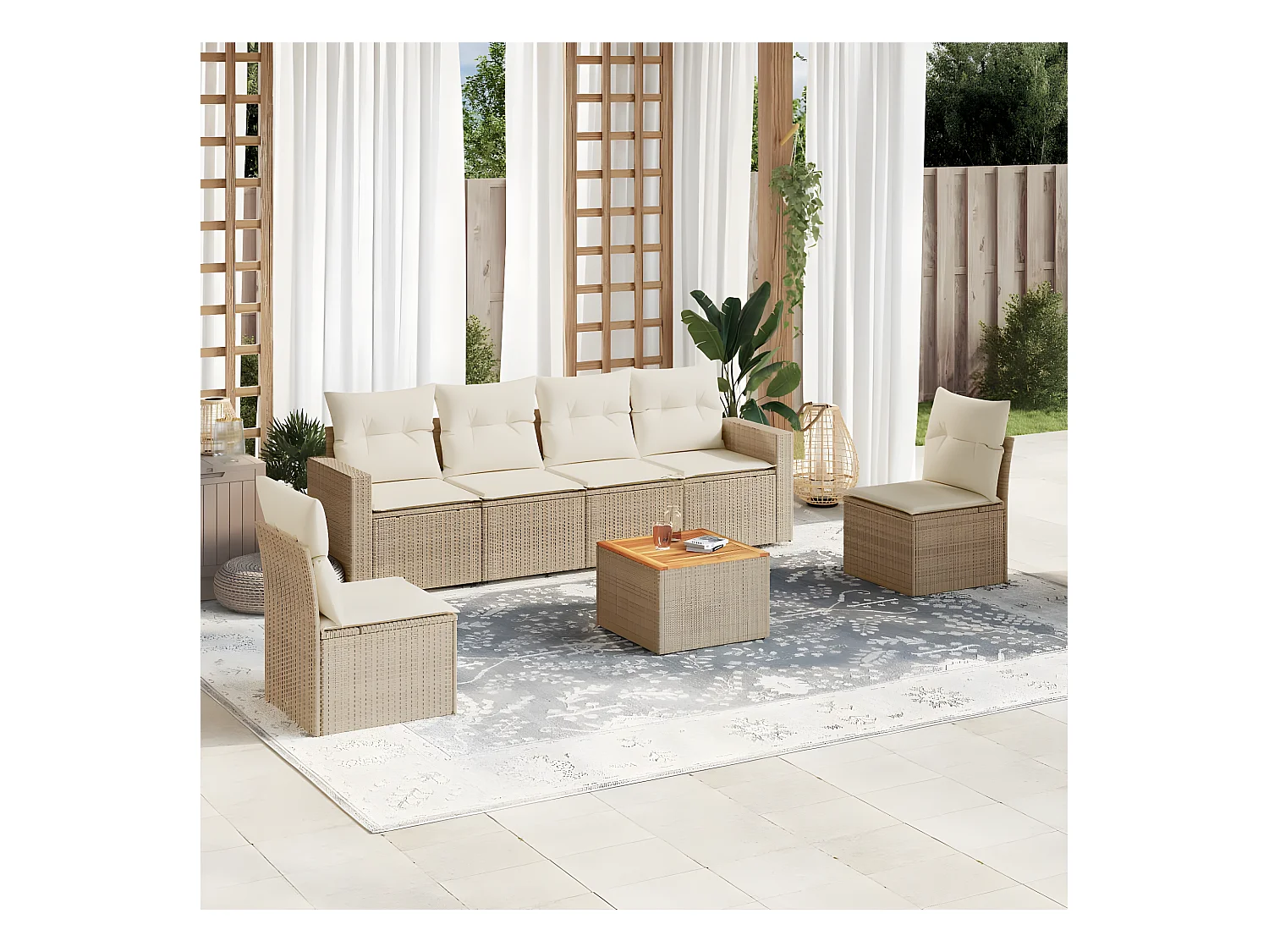 Salon de jardin avec coussins 7 pcs beige résine tressée