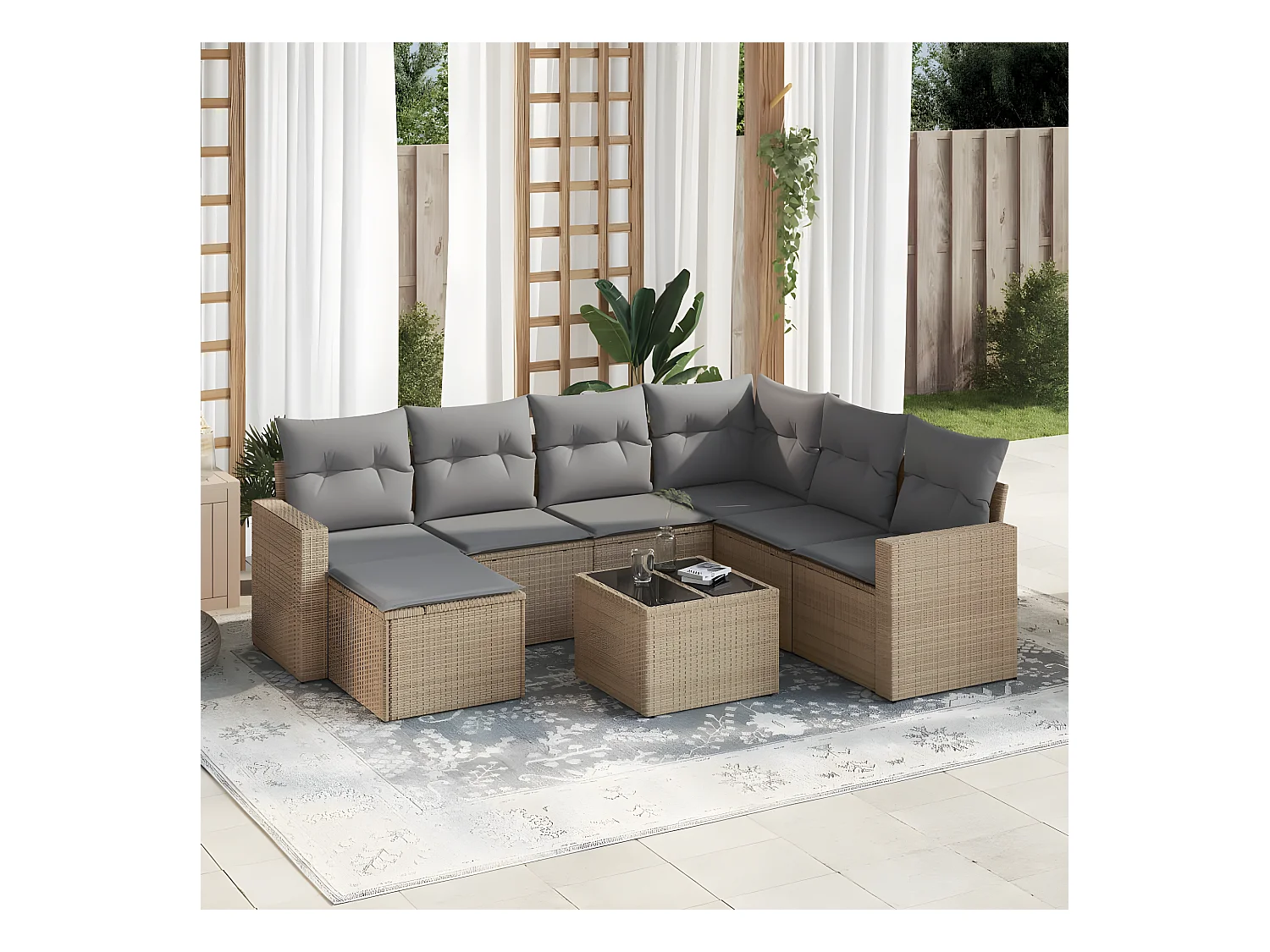 Salon de jardin avec coussins 8 pcs beige résine tressée