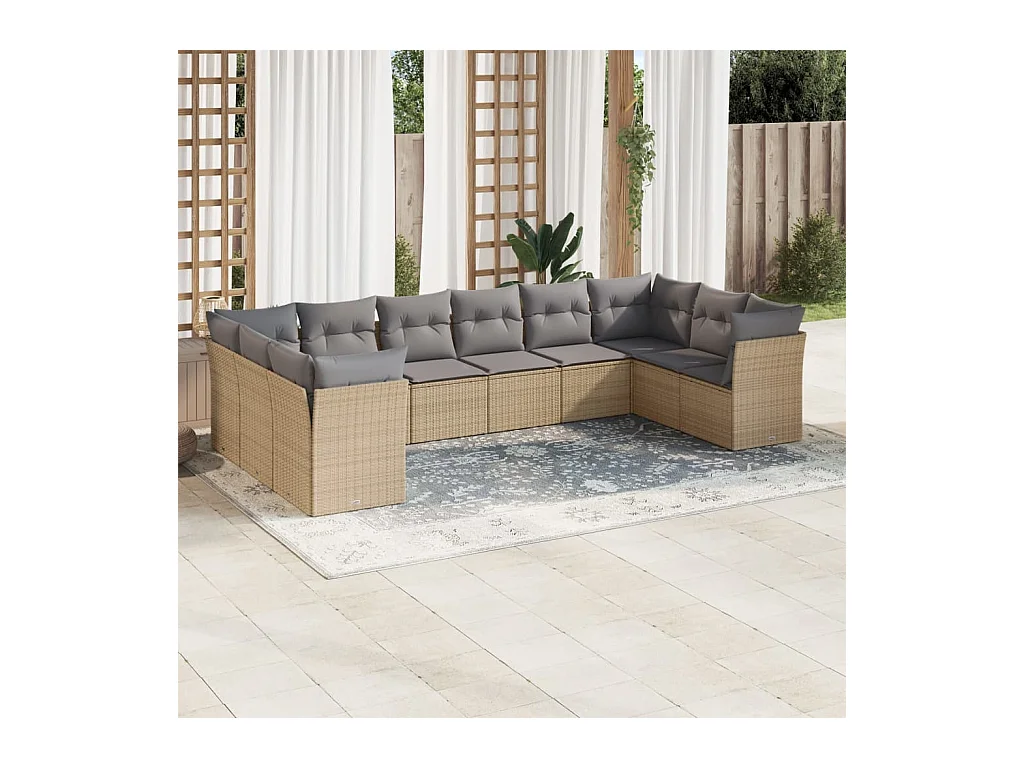 Salon de jardin avec coussins 10 pcs beige résine tressée