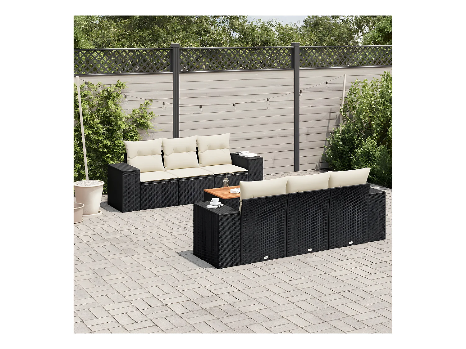 Salon de jardin 7 pcs avec coussins noir résine tressée
