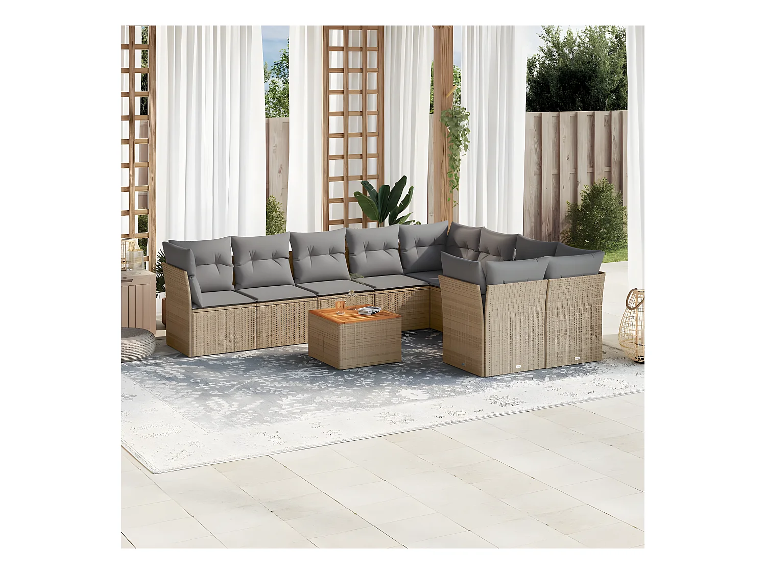 Salon de jardin avec coussins 10 pcs beige résine tressée