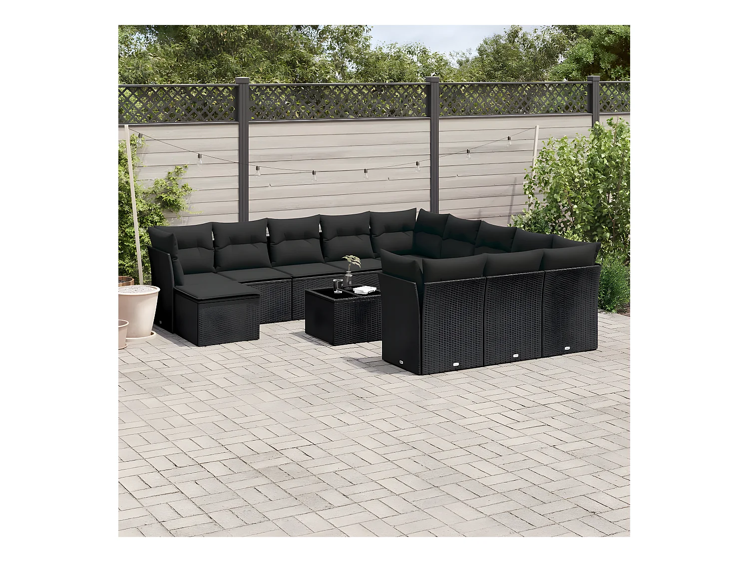 Salon de jardin avec coussins 13 pcs noir résine tressée
