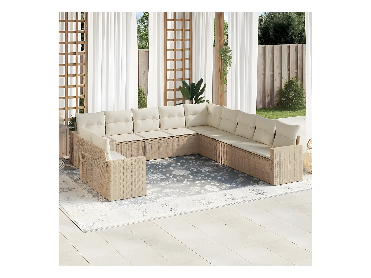 11 pcs conjunto sofás de jardim c/ almofadões vime PE bege