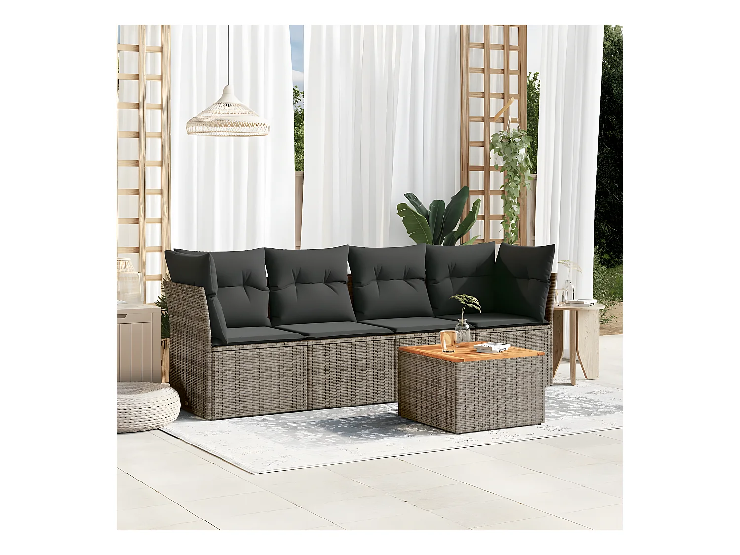 5-tlg. Garten-Sofagarnitur mit Kissen Grau Poly Rattan