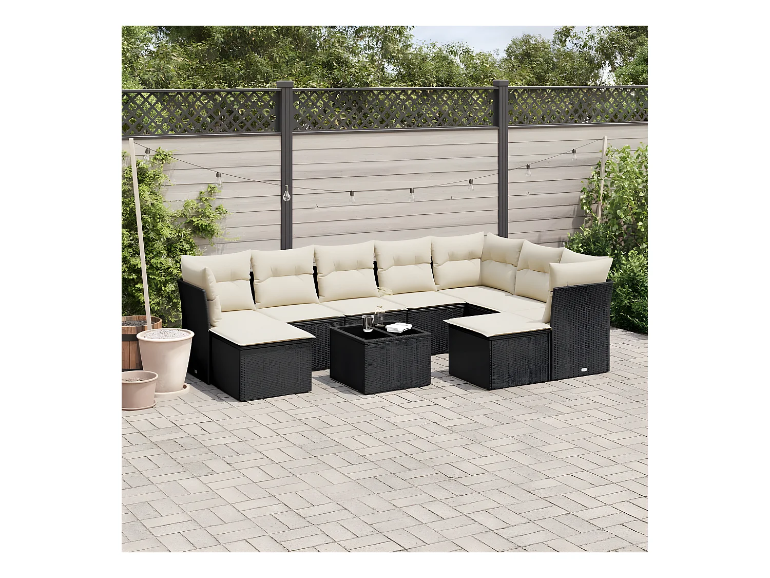 Salon de jardin 10 pcs avec coussins noir résine tressée