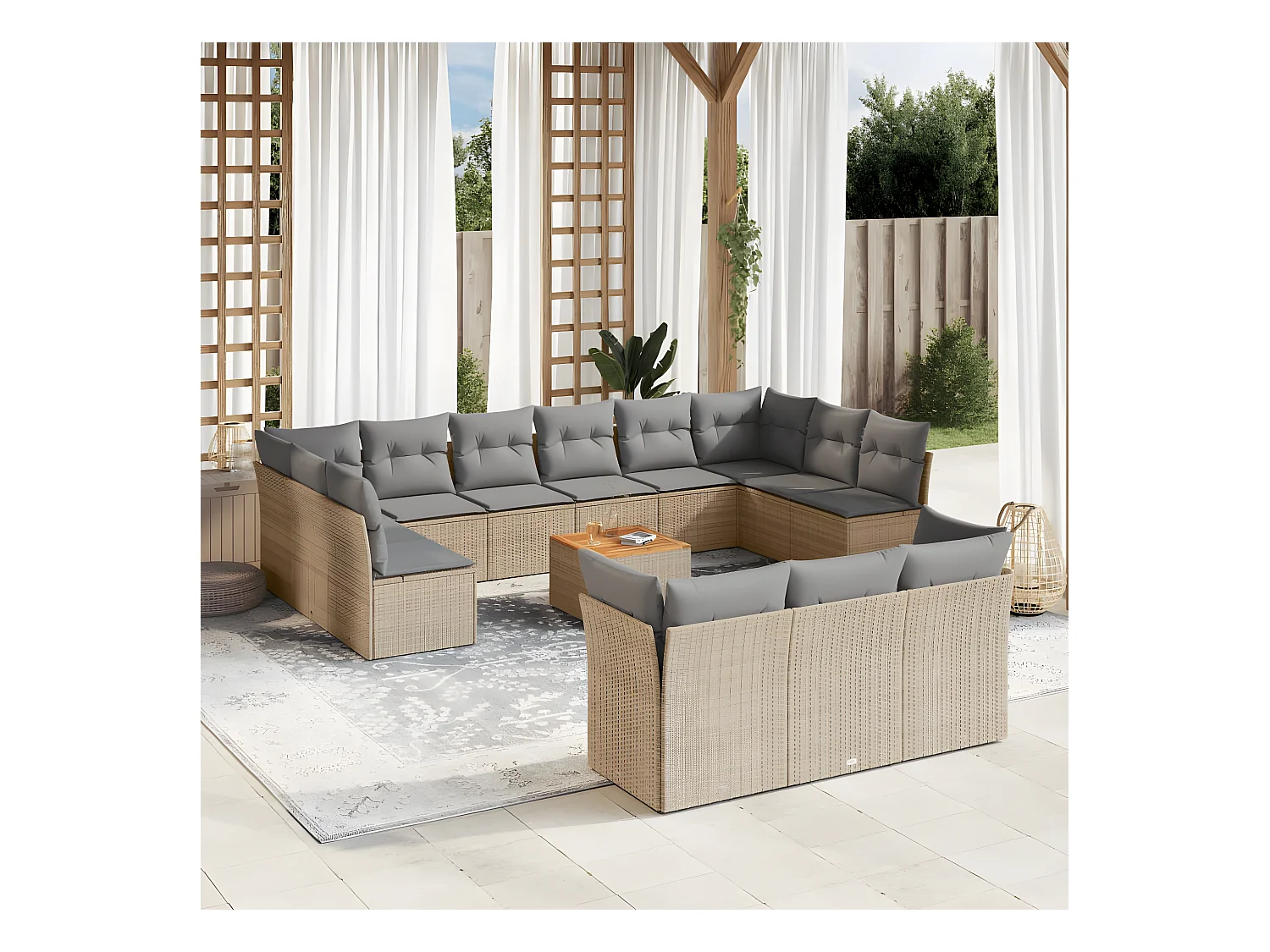 Salon de jardin avec coussins 14 pcs beige résine tressée