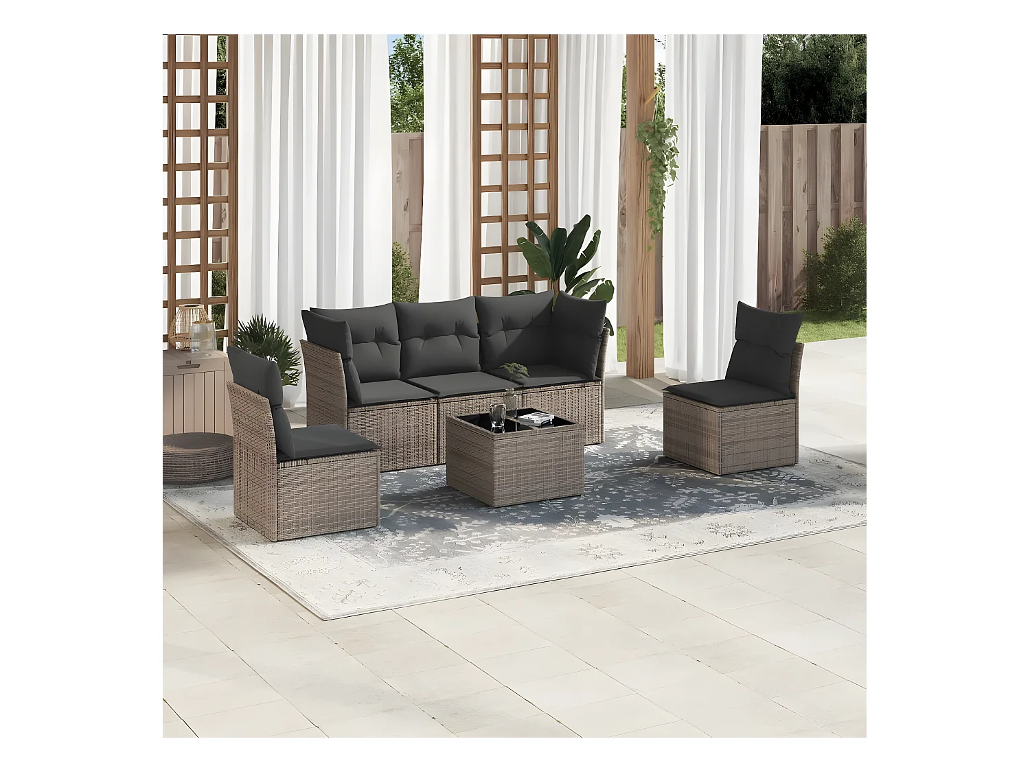 Salon de jardin 6 pcs avec coussins gris résine tressée