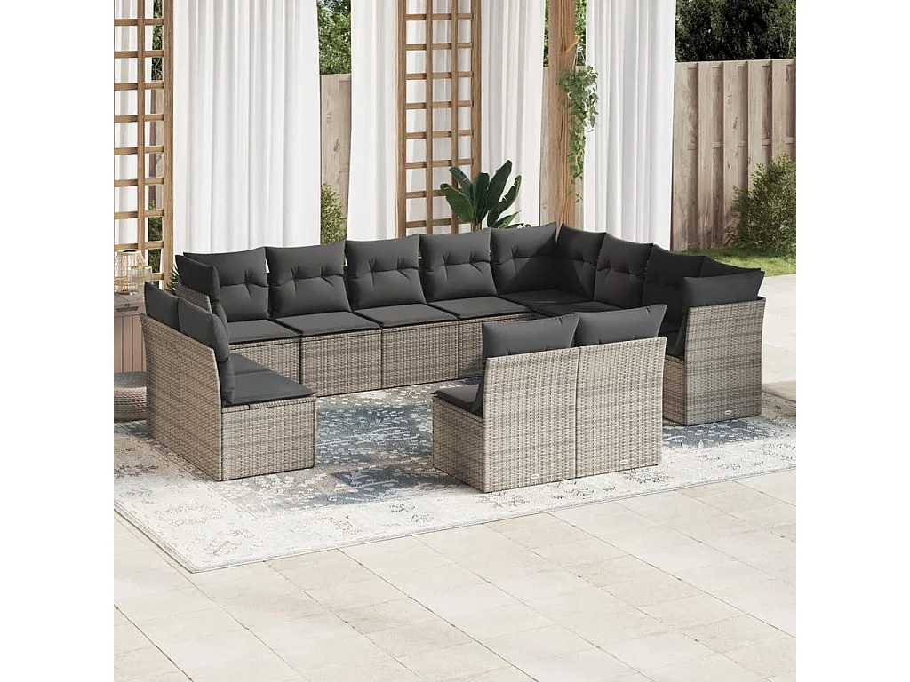 Salon de jardin avec coussins 12 pcs gris résine tressée