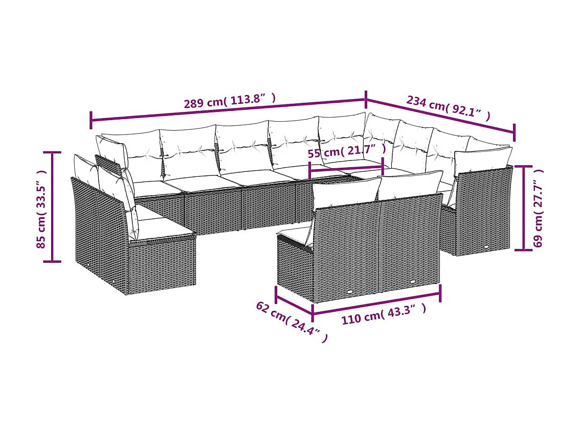 Salon de jardin avec coussins 12 pcs gris résine tressée