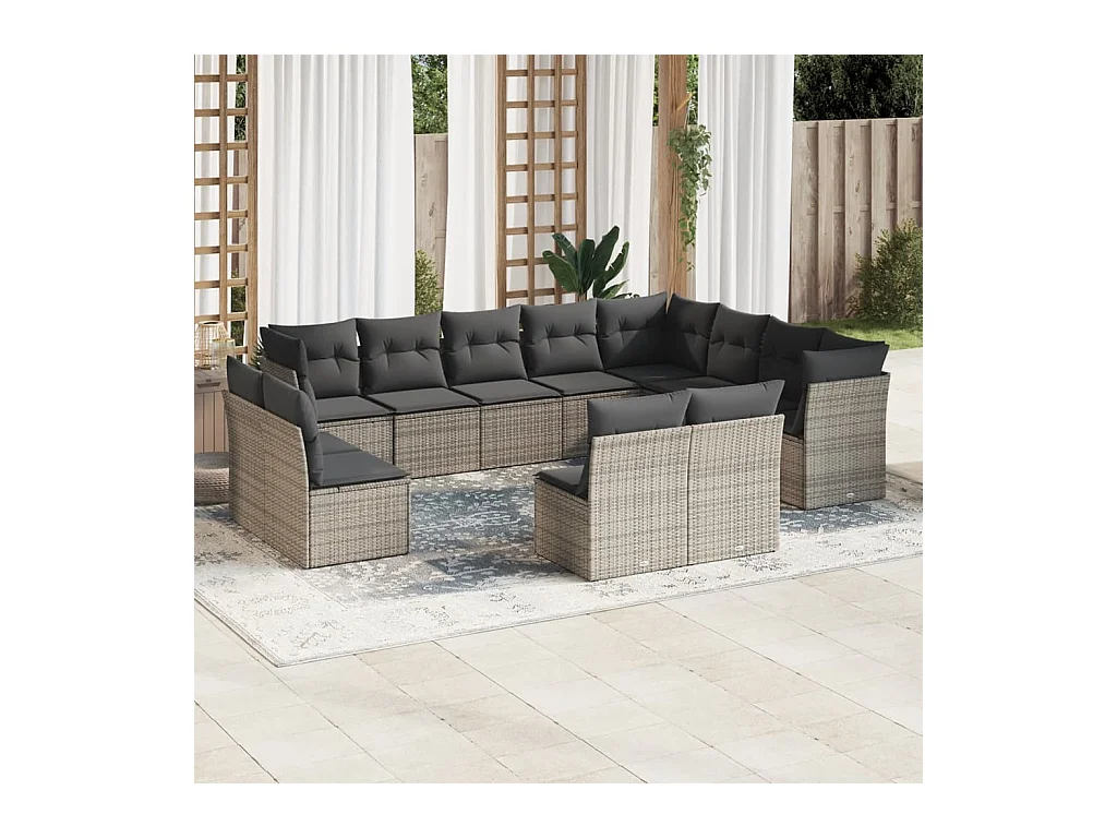 12-tlg. Garten-Sofagarnitur mit Kissen Grau Poly Rattan