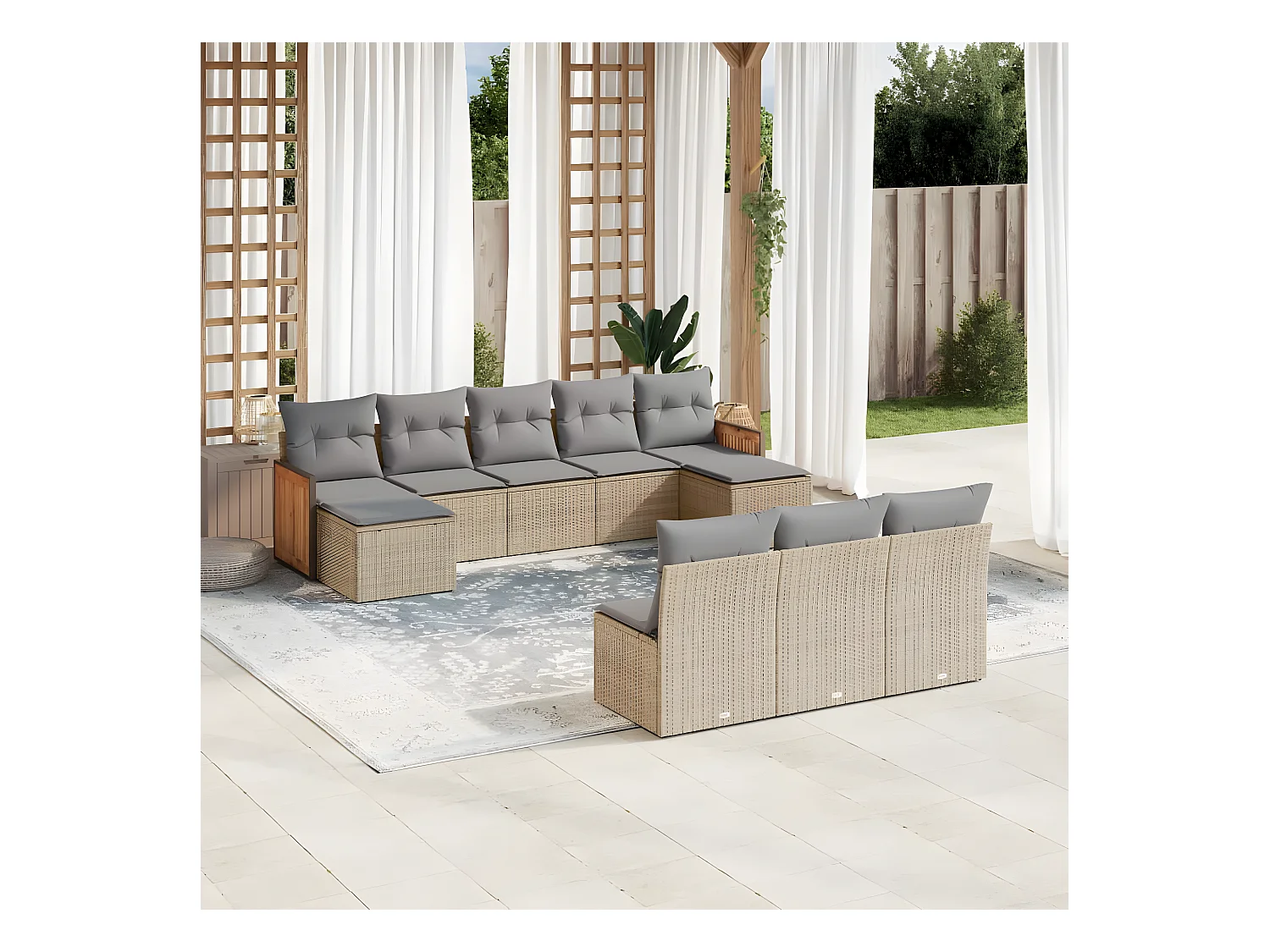 Salon de jardin avec coussins 10 pcs beige résine tressée