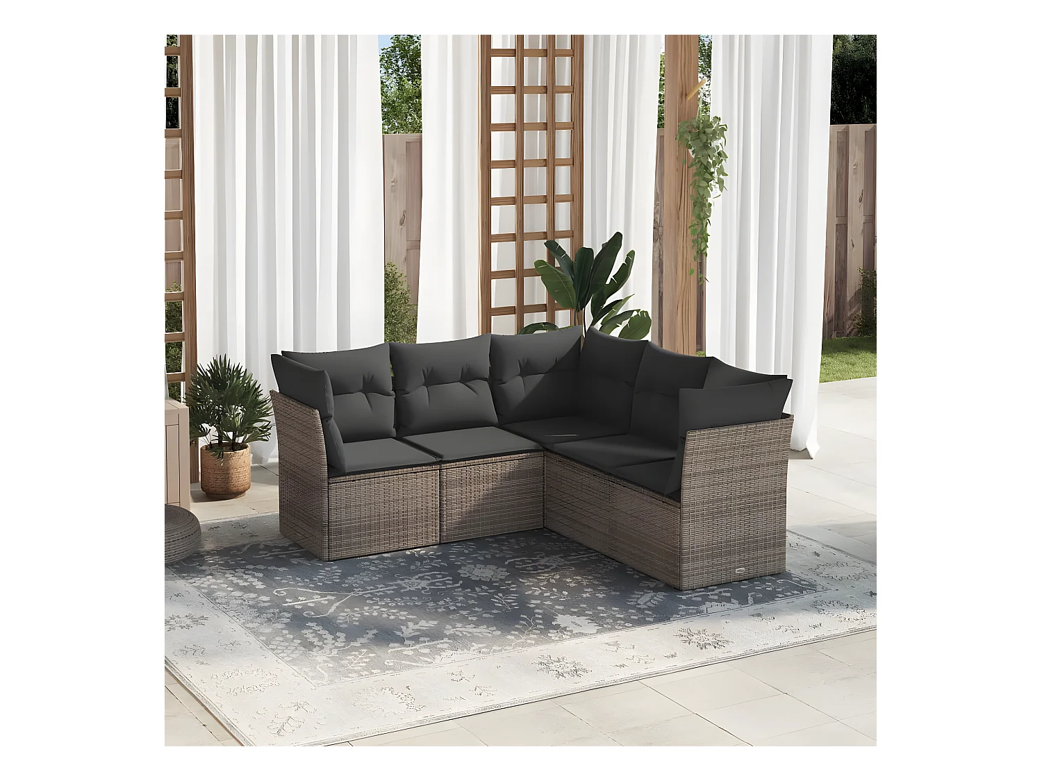 Set Divano da Giardino 5 pz con Cuscini Grigio in Polyrattan