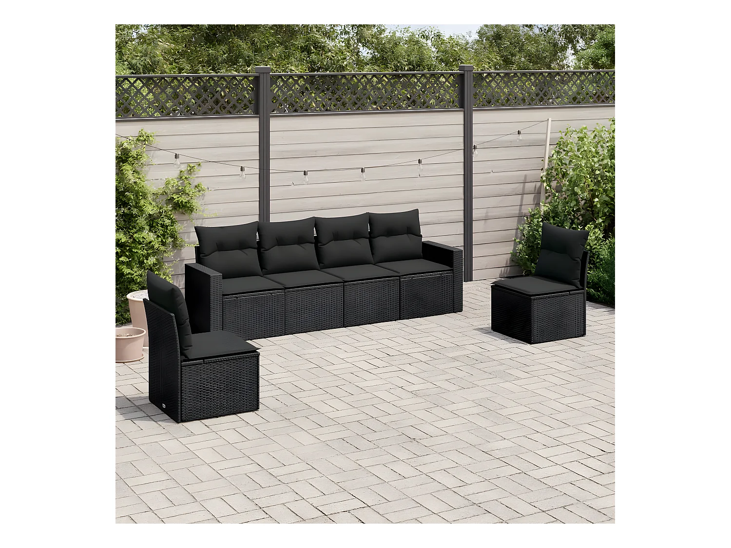 6-delige Loungeset met kussens poly rattan zwart