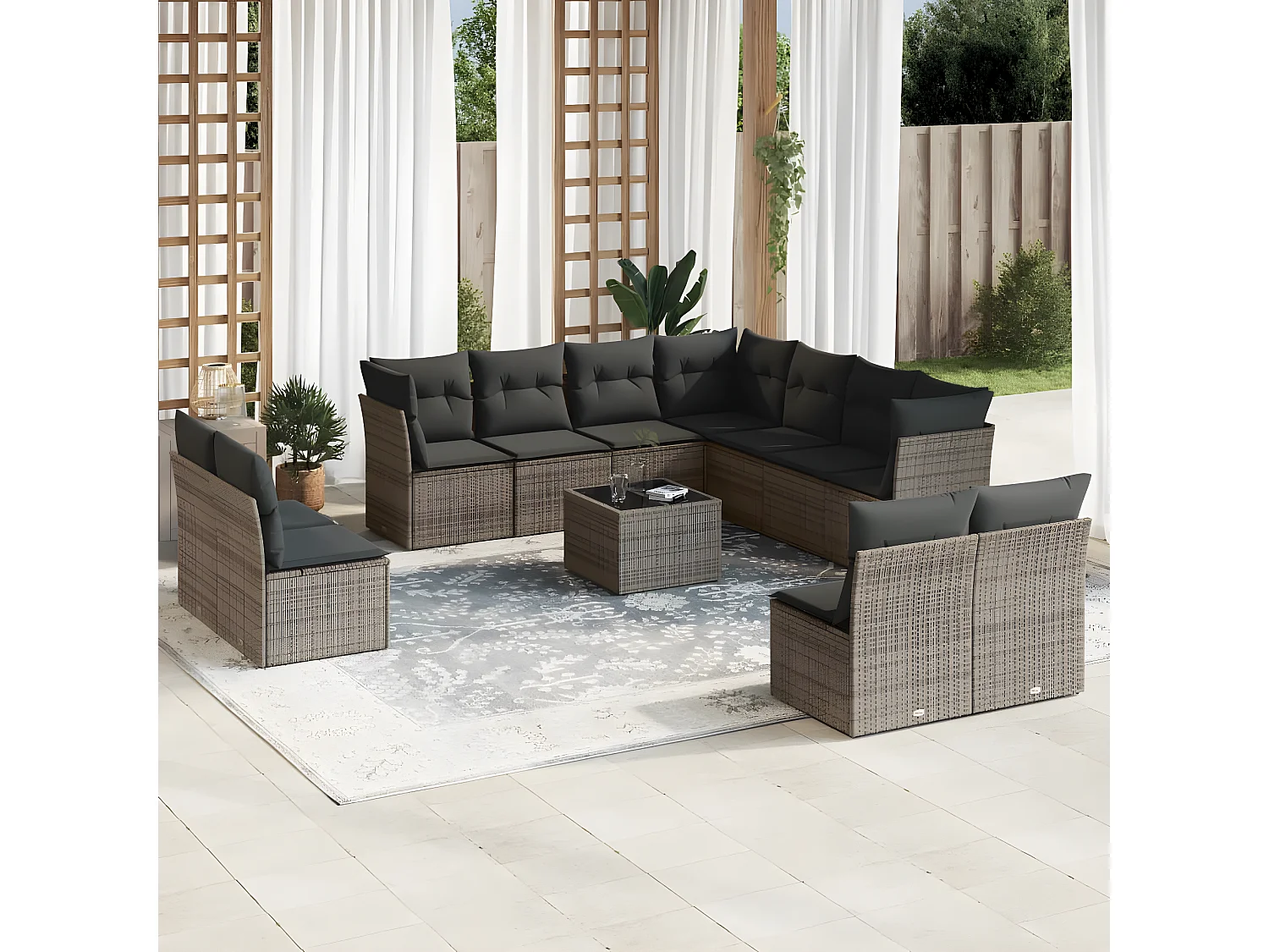 Salon de jardin avec coussins 12 pcs gris résine tressée