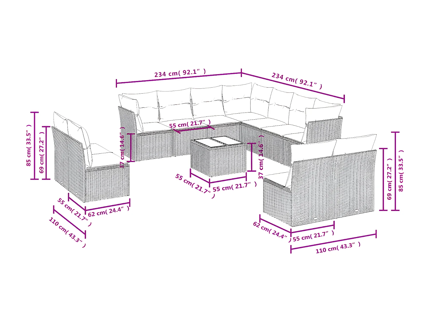 Salon de jardin avec coussins 12 pcs gris résine tressée