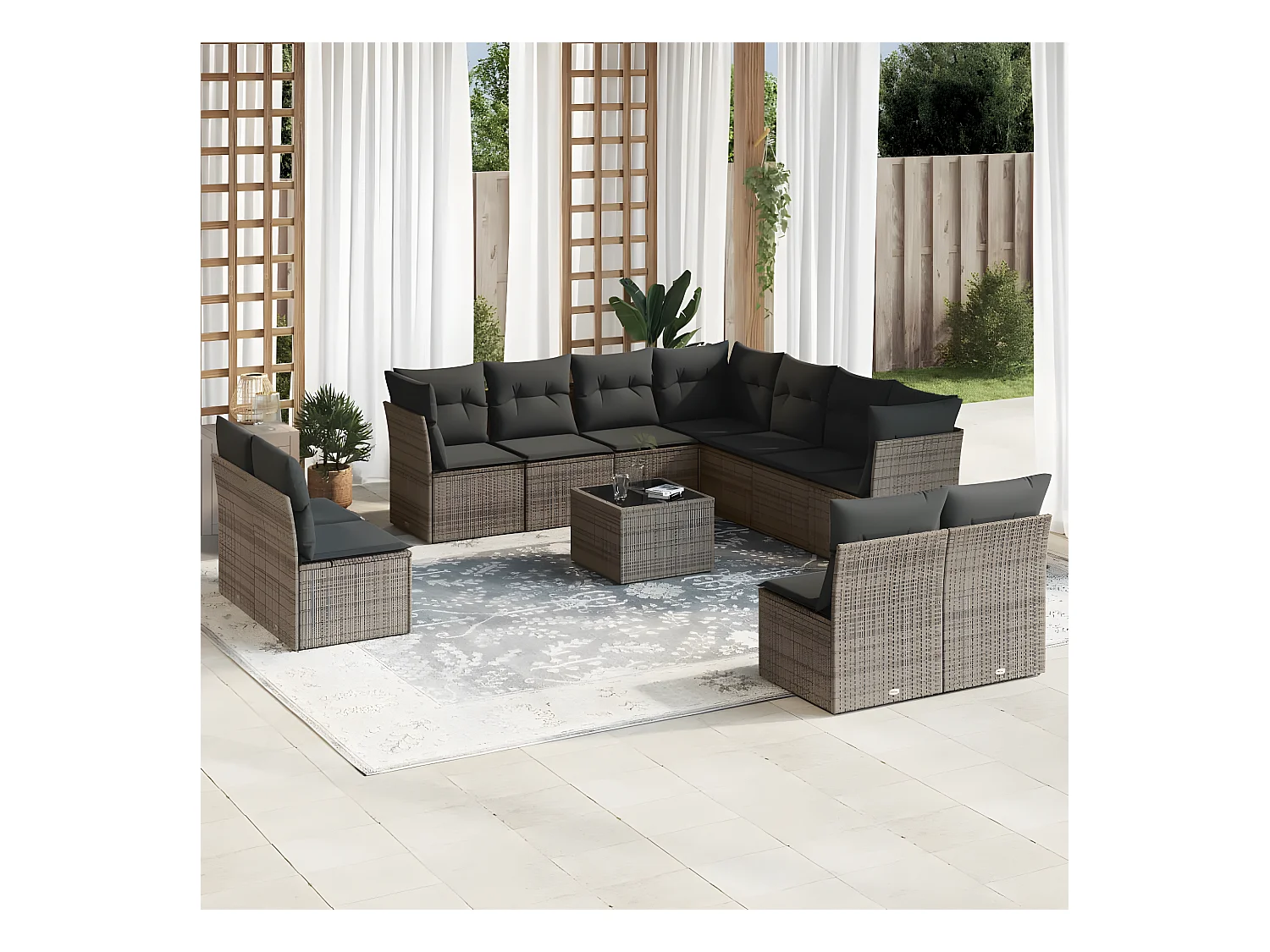 12-tlg. Garten-Sofagarnitur mit Kissen Grau Poly Rattan