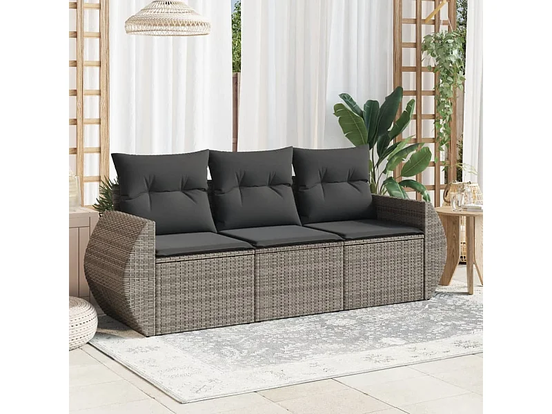 Salon de jardin avec coussins 3 pcs gris résine tressée