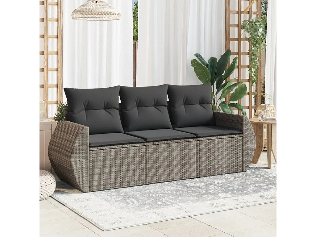 3-tlg. Garten-Sofagarnitur mit Kissen Grau Poly Rattan