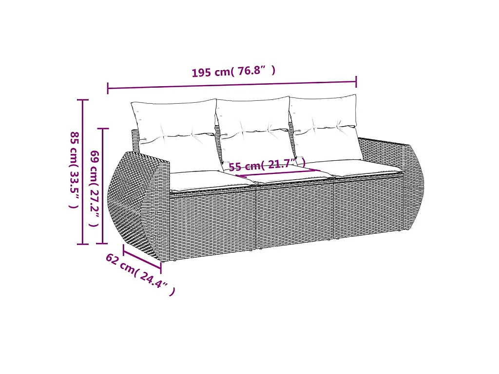 3-tlg. Garten-Sofagarnitur mit Kissen Grau Poly Rattan