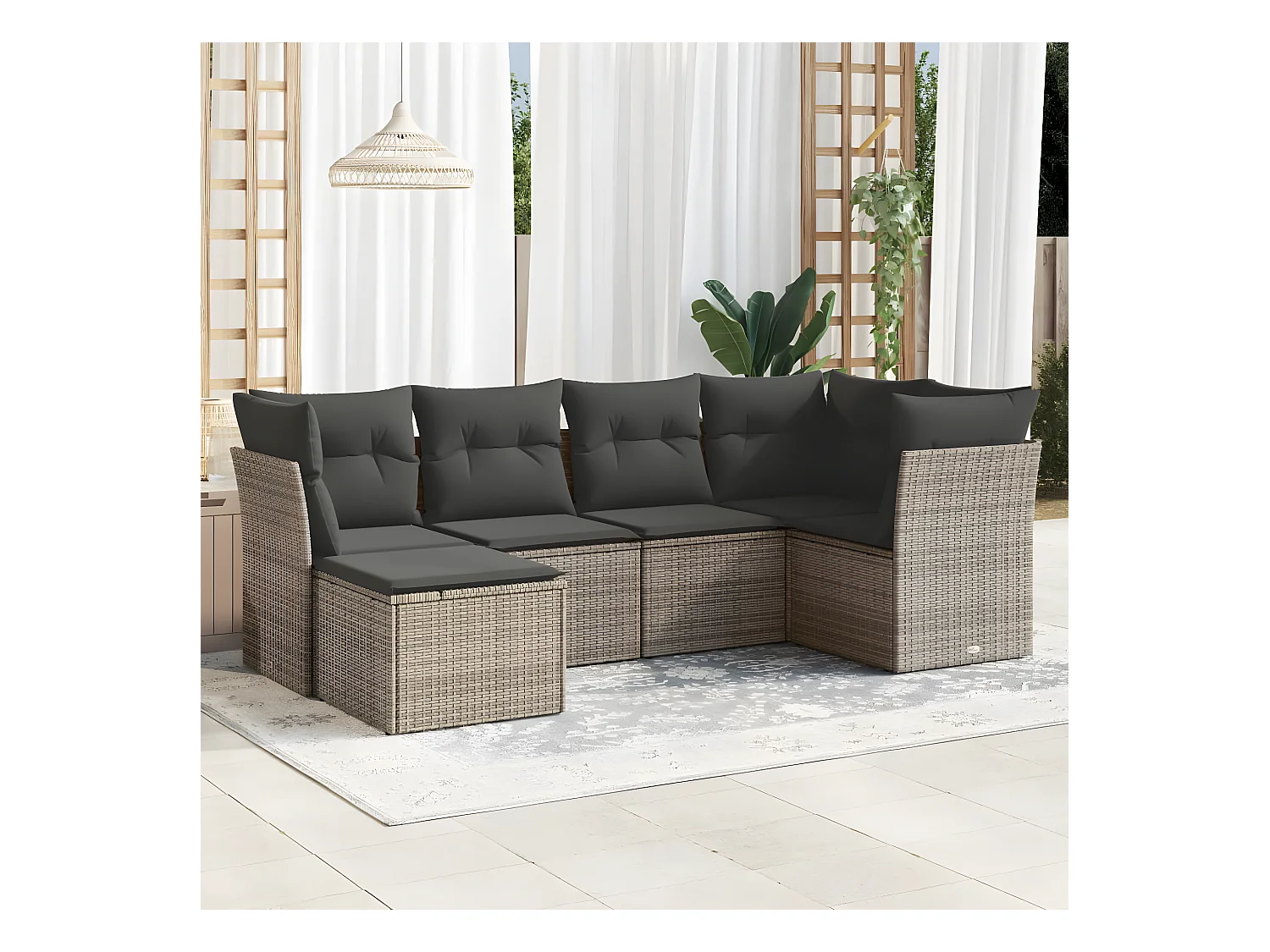 Salon de jardin 6 pcs avec coussins gris résine tressée