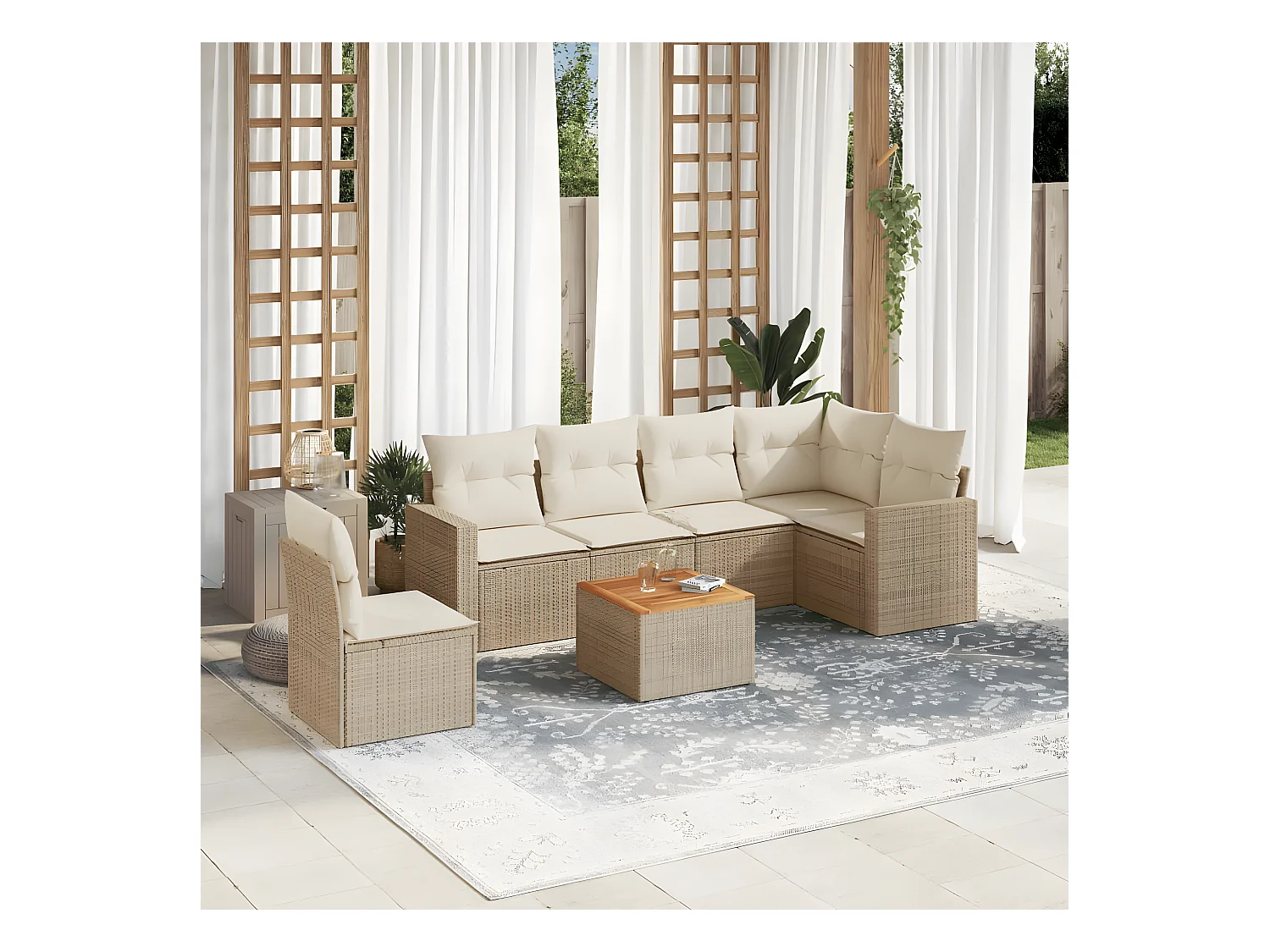 Salon de jardin avec coussins 7 pcs beige résine tressée