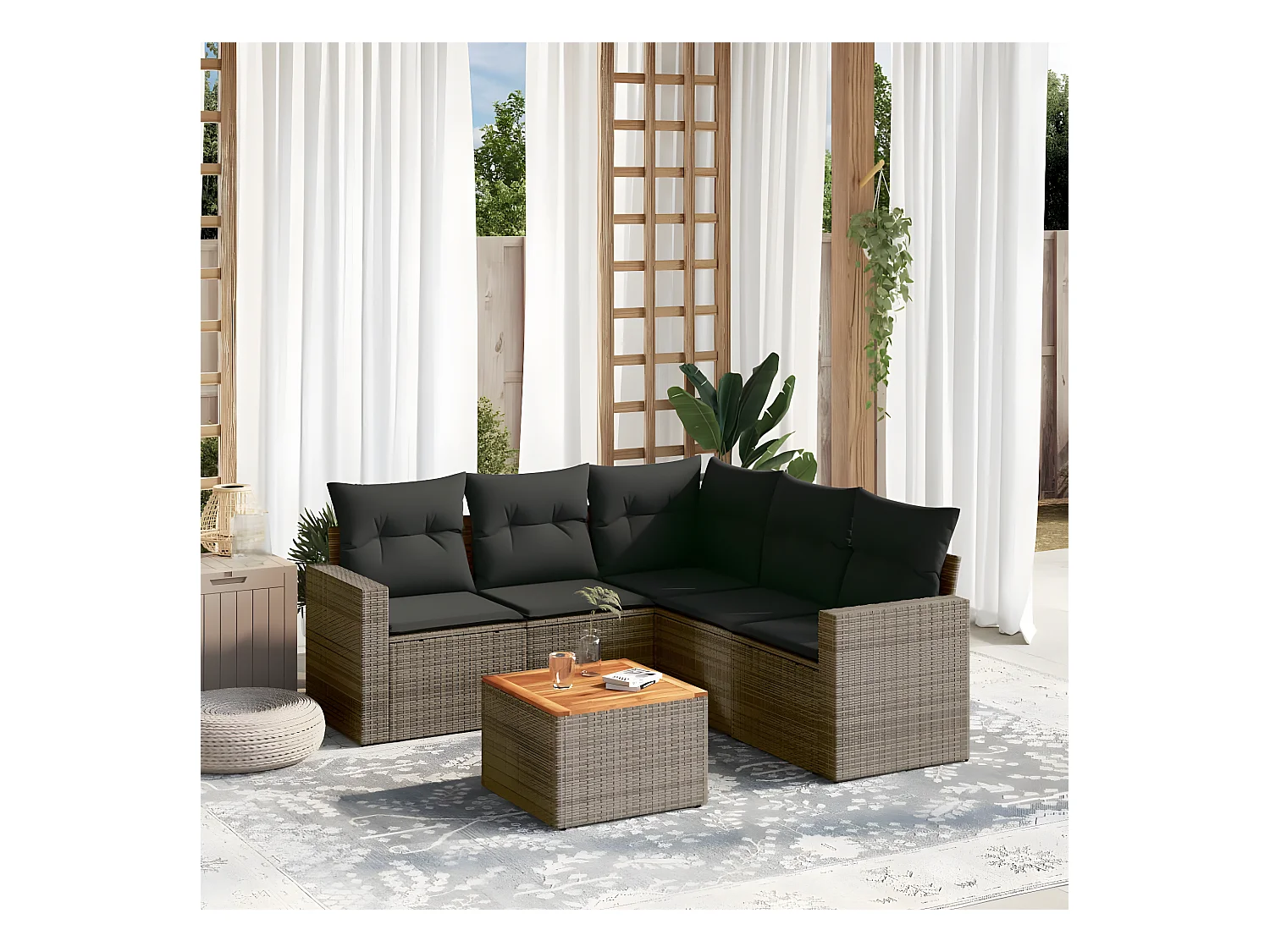 Salon de jardin 6 pcs avec coussins gris résine tressée