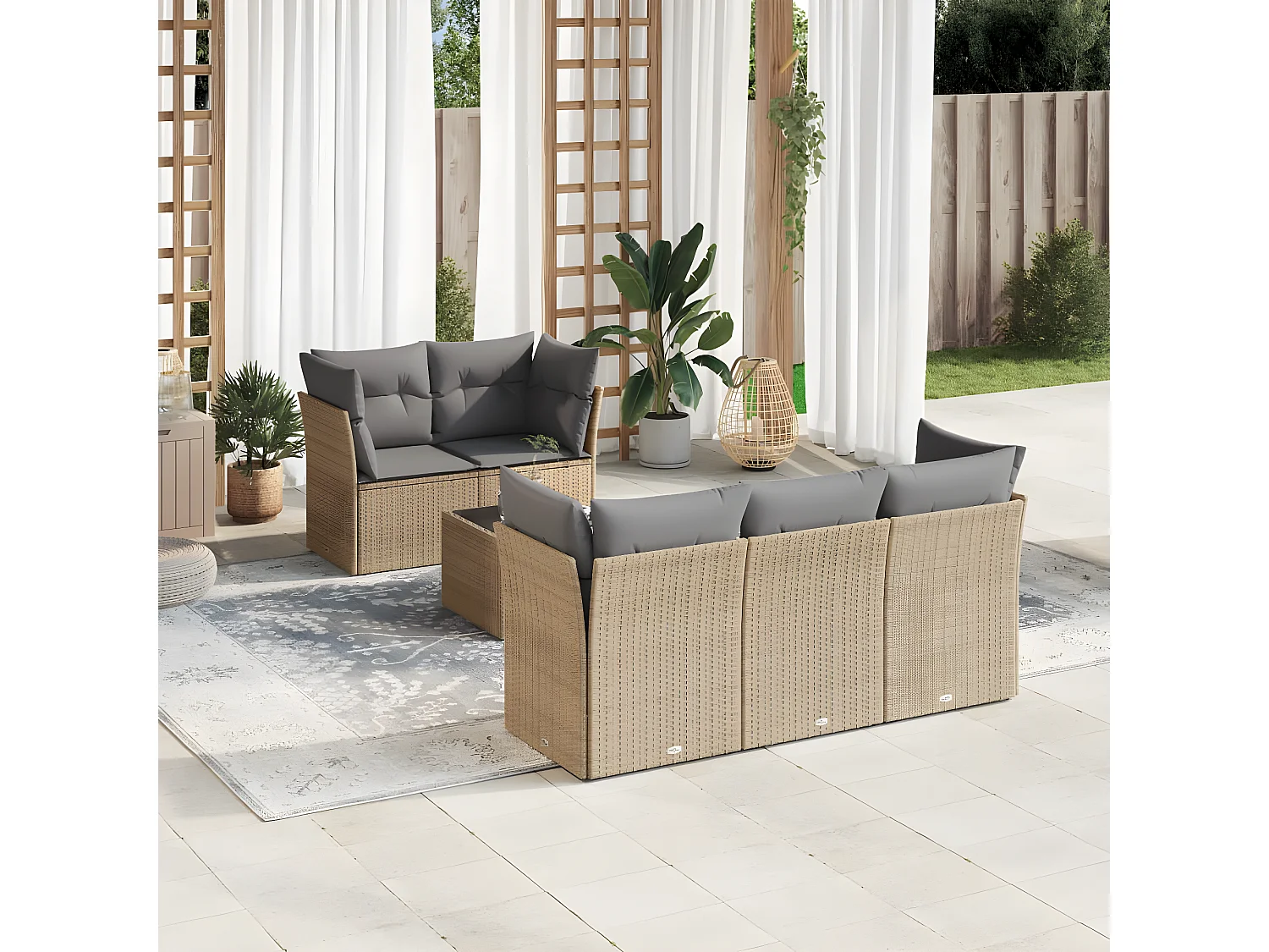 Salon de jardin avec coussins 6 pcs beige résine tressée