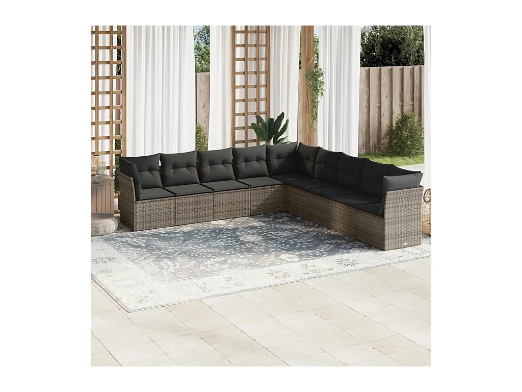 Salon de jardin 9 pcs avec coussins gris résine tressée