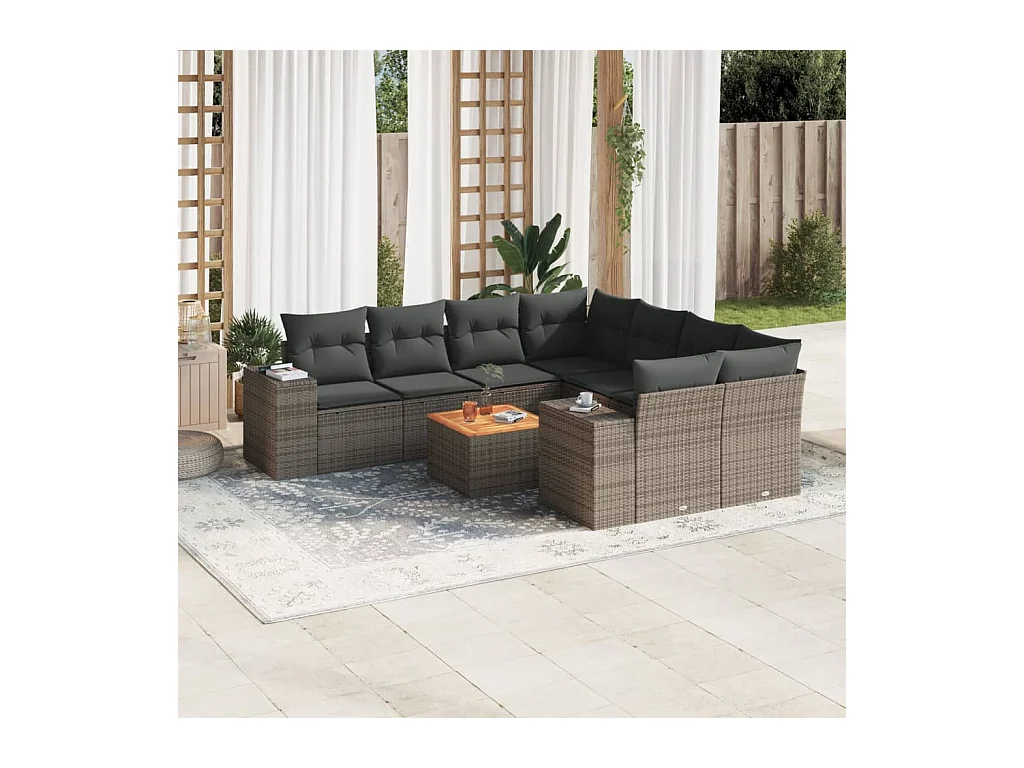 Salon de jardin 9 pcs avec coussins gris résine tressée