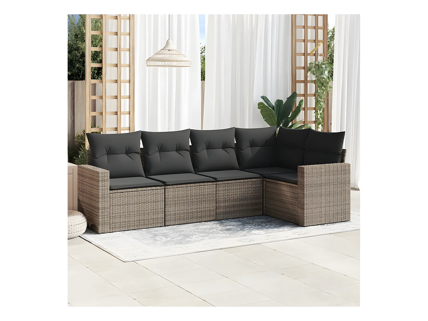 Salon de jardin 5 pcs avec coussins gris résine tressée