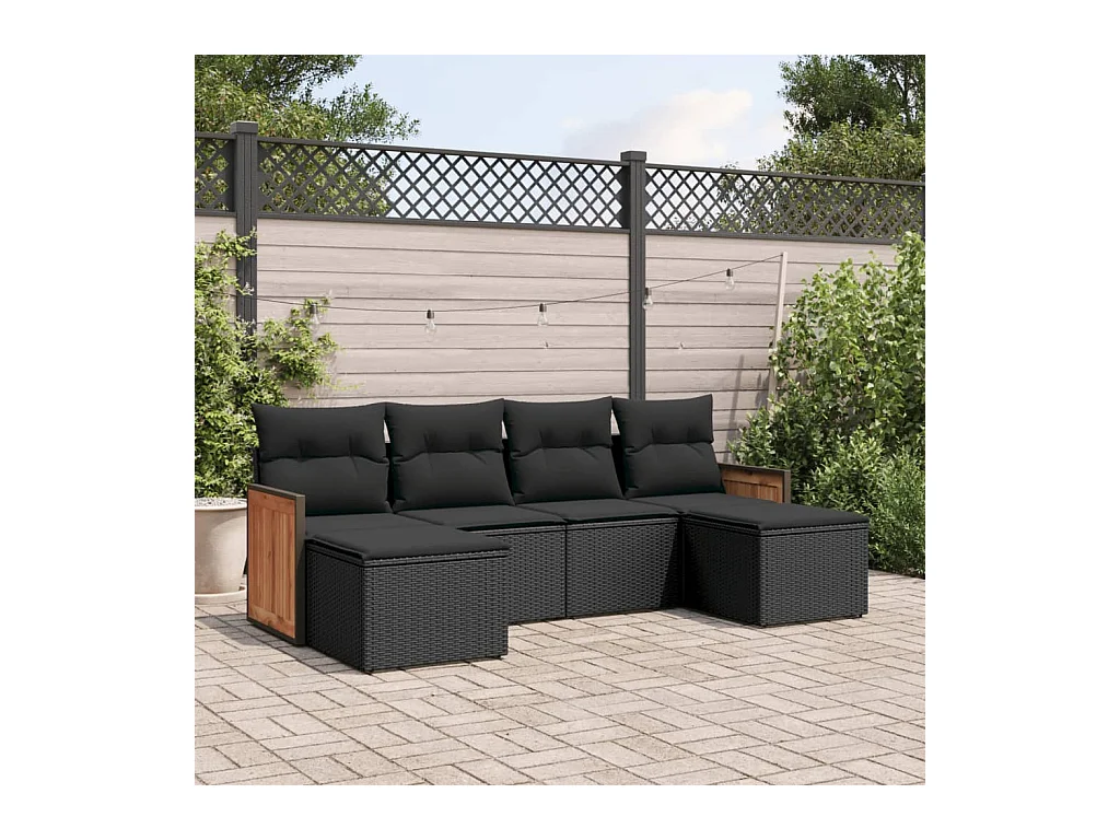 Salon de jardin 6 pcs avec coussins noir résine tressée