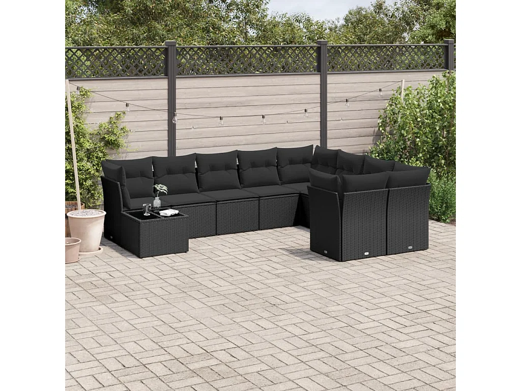 Salon de jardin 10 pcs avec coussins noir résine tressée