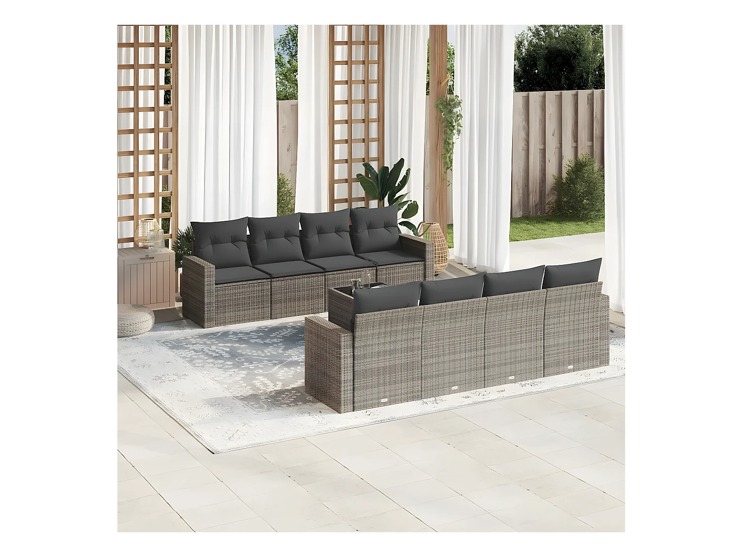 Salon de jardin 9 pcs avec coussins gris résine tressée