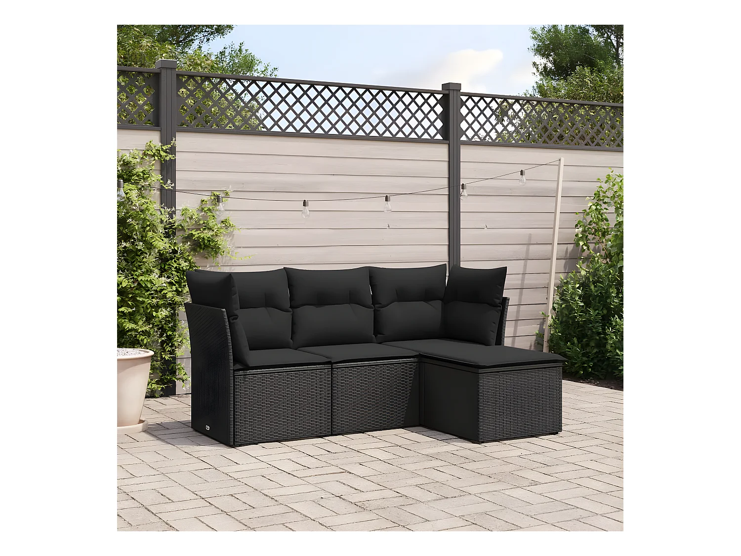 Salon de jardin 4 pcs avec coussins noir résine tressée