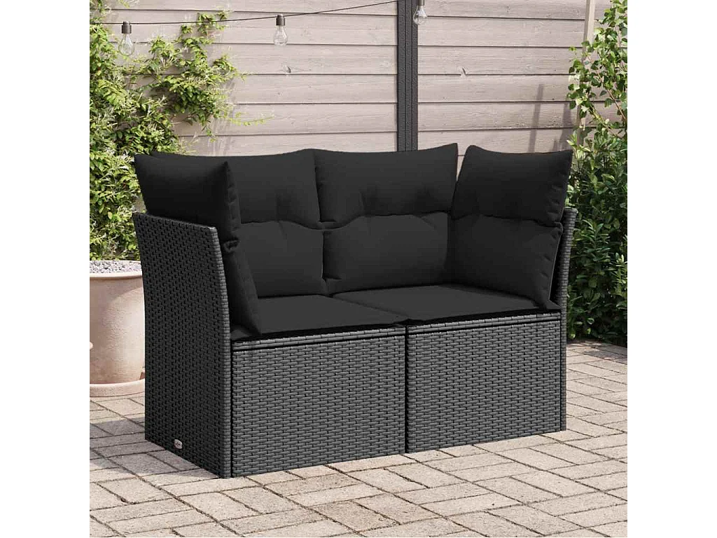Tuinbank met kussens 2-zits zwart poly rattan