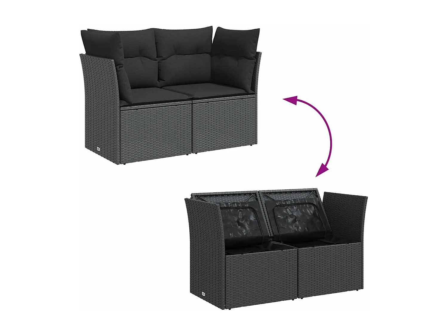 Tuinbank met kussens 2-zits zwart poly rattan