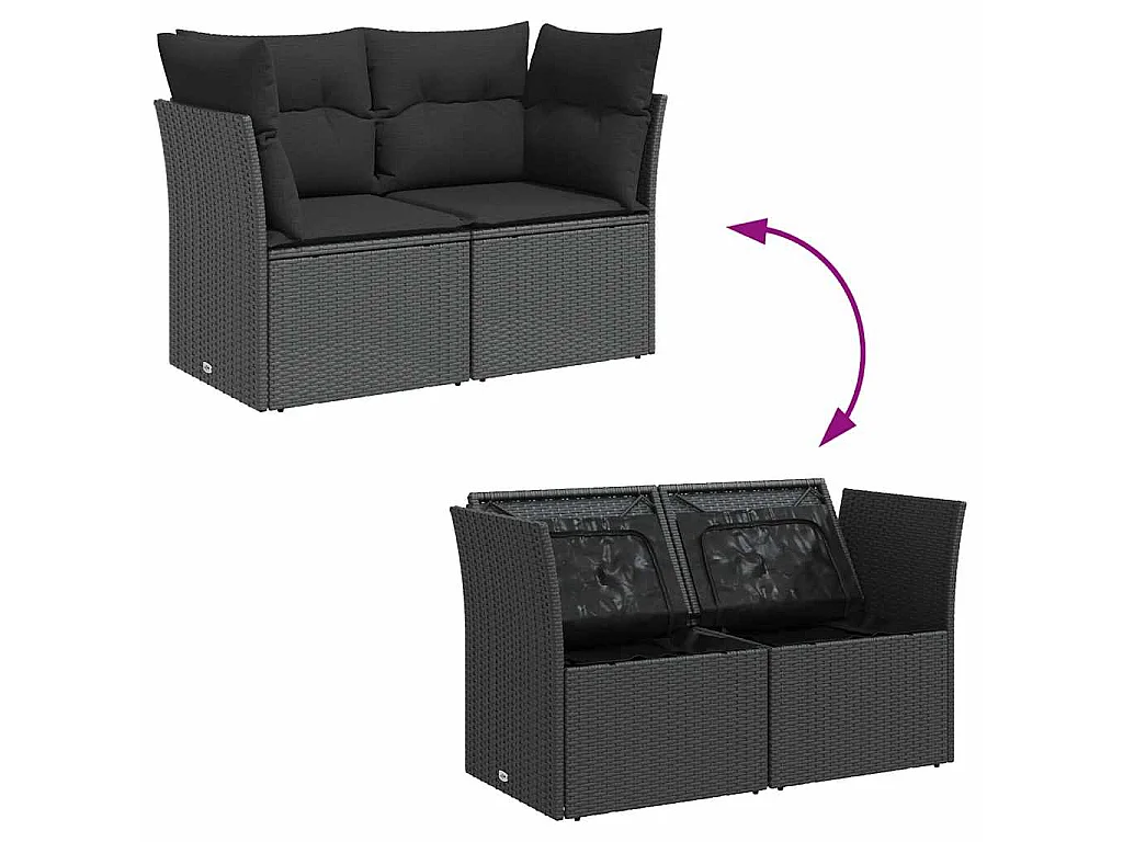 Gartensofa mit Kissen 2-Sitzer Schwarz Poly Rattan