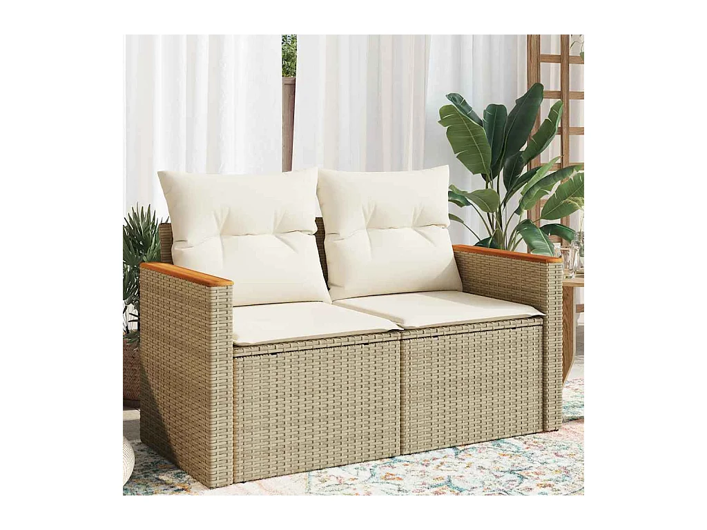 Gartensofa mit Kissen 2-Sitzer Beige Poly Rattan